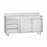 Armoire de travail en inox ECO – 1 600 × 700 mm – avec 3 tiroirs à gauche et dosseret