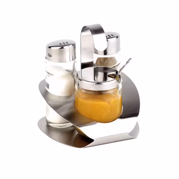 (6 pcs) Ménagère de table professionnelle PRO - 3 pièces - Support en acier inoxydable - Verre - avec couvercles en acier inoxydable avec bouchon à vis