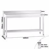 Mesa de trabajo de acero inoxidable mural PREMIUM - 1600x800mm - con estante inferior y peto trasero y refuerzo omega