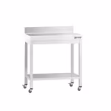 Edelstahl Arbeitstisch PREMIUM - 600x700mm - mit Grundboden, Aufkantung & Rollen