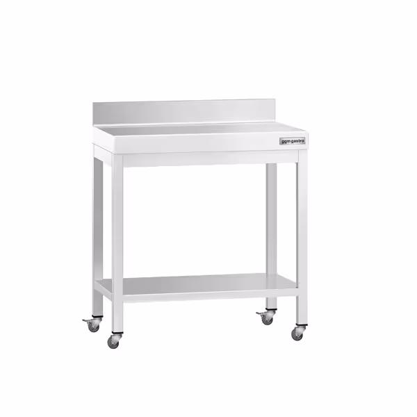 Commercial Stainless Steel Table with Upstand PREMIUM - 600x600mm - with Undershelf - with Rear Upstand - with Wheels