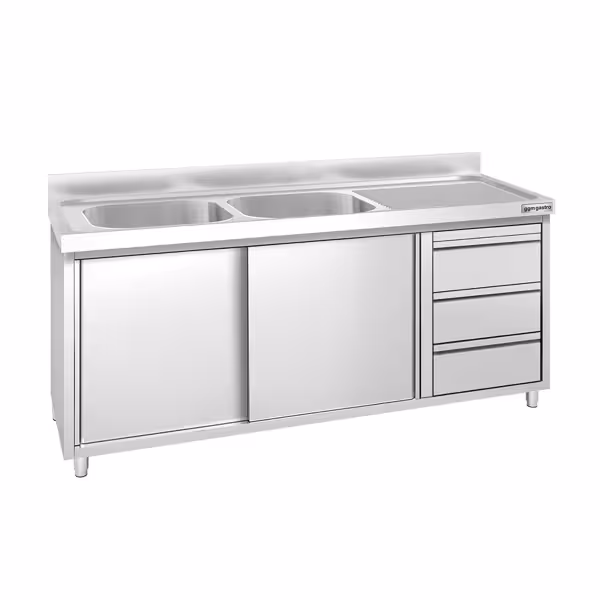 Commercial Sink Cabinet PREMIUM - 1800x700mm - with 2 bowls left-hand - 3 drawers