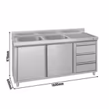 Commercial Sink Cabinet ECO - 1600x600mm - 2 bowls left-hand - 3 drawers