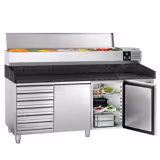 Commercial Pizza Prep Counter - Granite Top PREMIUM - 2025x800mm - with 2 doors & 7 drawers - incl. refrigerated topping unit - 10x GN 1/4