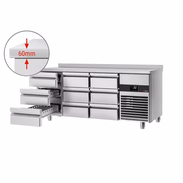 Balcão refrigerado PREMIUM - 1865x700mm - 474L - 9 gavetas - GN 1/1 - -2 a +8°C - com ressalto traseiro - frio ventilado