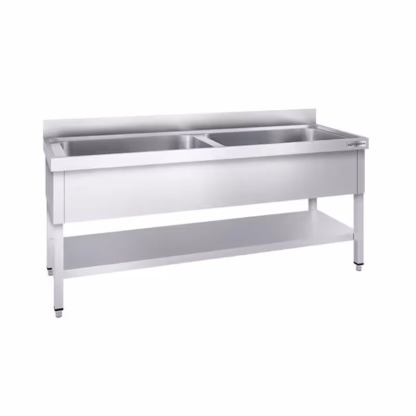 Stół zlewozmywakowy do mycia garnków Premium - 1800x600mm - z dolną półką & 2 zlewami