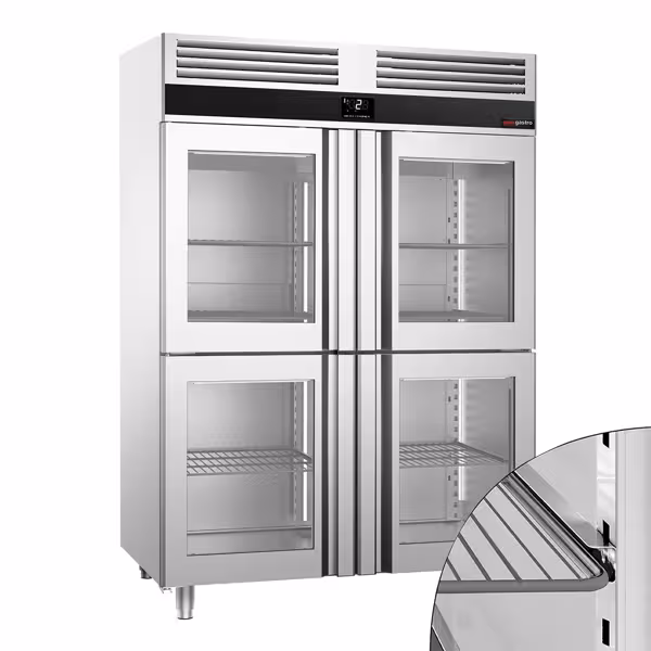 Hűtőszekrény [Rozsdamentes acél] PREMIUM - GN 2/1 - 1400 l - akár −2…+8 °C - mit 4 üvegfélajtó - Légkeveréses hűtés, automatikus leolvasztás, belső LED világítás, R290