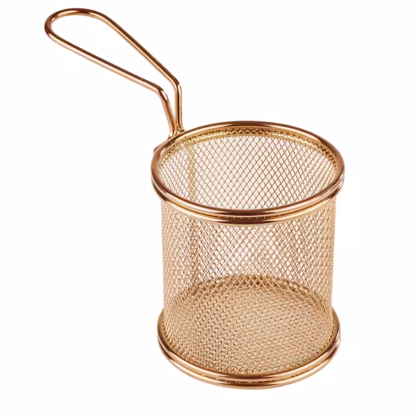 (6 db) Sültkrumpli tálaló kosár - SNACKHOLDER - rozsdamentes acél - 1 fogantyúval - 90x90x85 mm - réz színű