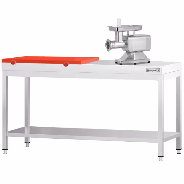 Masa de lucru inox PREMIUM - 2 m - cu poliță - cu blat de lucru roșu