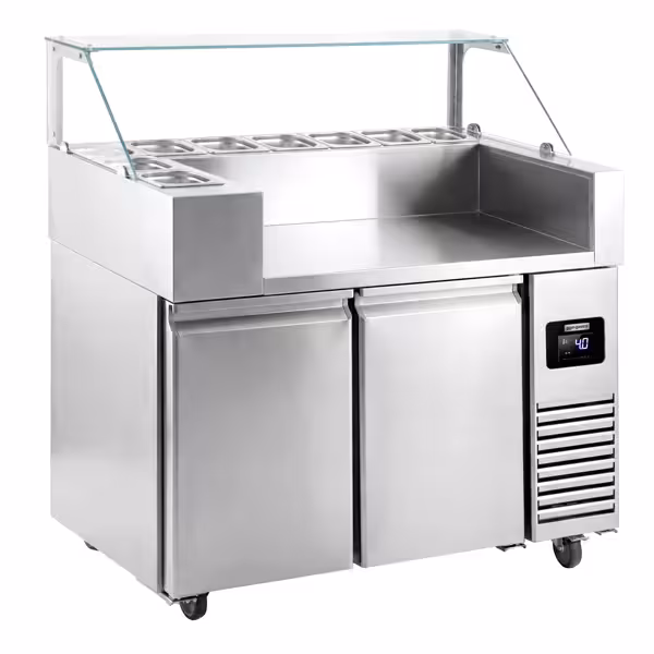 Commercial Refrigerated Prep Table PREMIUM – Glass Top – 2 Doors – 1210 mm – for 9× GN 1/6 – Crêpes device not included