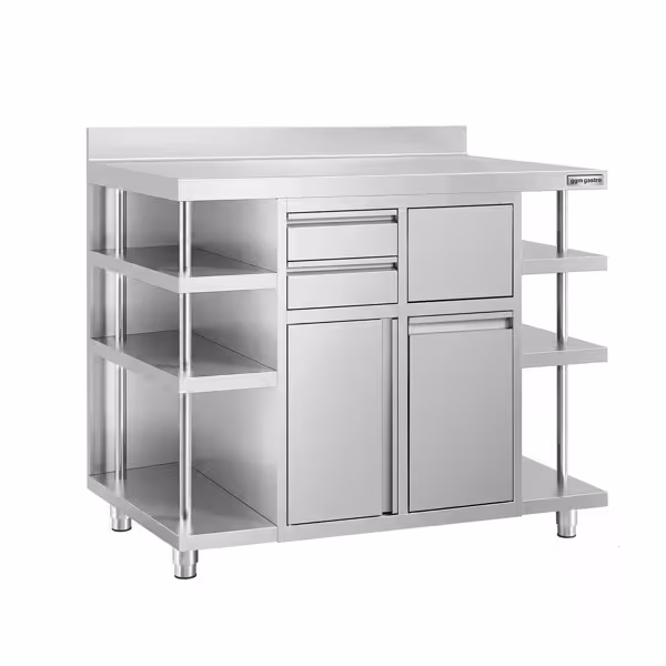 Work cabinet – for coffee machine – 1400 x 600 mm – with 1 hinged door, 2 drawers, waste bin, 6 shelves & upstand