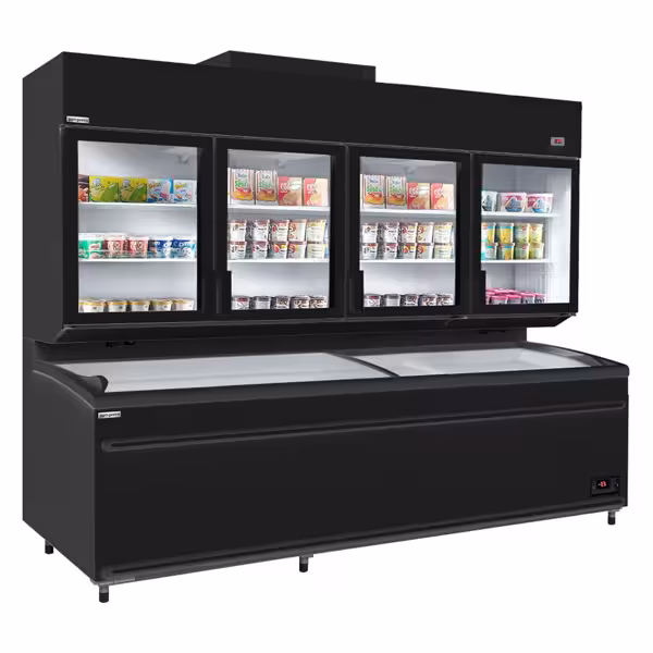 Supermercato-Espositore murale congelatore - 2500mm - 1244l - -23°/-18°C - con 4 porte in vetrocamera & 6 ripiani - incl. isola surgelati - Nero