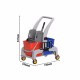 Carrello per pulizie PROFESSIONALE - aperto - con strizzatore, 2 contenitori, ripiani & ganci portascope - Grigio