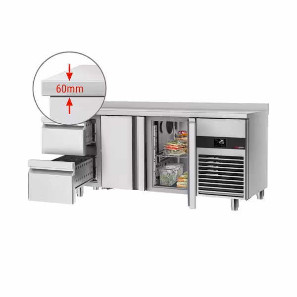 Balcão refrigerado PREMIUM - 1865x700mm - 474L - 2 portas; 2 gavetas - GN 1/1 - -2 a +8°C - com ressalto traseiro