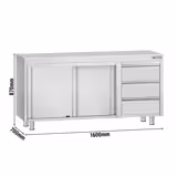 Työpöytäkaappi ECO ruostumattomasta teräksestä - 1600x700mm - 3 laatikkoa vasemmalla ilman koroketta