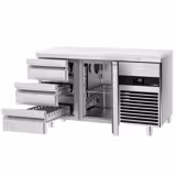 Hűtött munkaasztal PREMIUM - 1400x700 mm - GN 1/1 - 281 liter - ventilációs - 1 ajtóval - 3 fiókkal - vágódeszkával - fehér