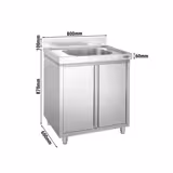 Fregadero industrial con mueble de acero inoxidable PREMIUM - 800x600mm - 1 seno central - puertas batientes - con estante inferior - con peto trasero