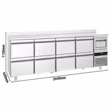 Table réfrigérée de bar & boissons PREMIUM - 2690x600 mm - avec 8 tiroirs 1/2, dosseret & bac à marc pour café