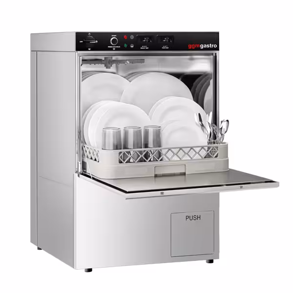 Undercounter Commercial Dishwasher - 500mm Basket - Manual Controls - 5.1kW - with Drain, Rinse Aid & Detergent Pumps