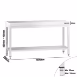 Mesa de trabalho em aço inoxidável PREMIUM - 1600x700mm - com prateleira inferior & com travessas de reforço