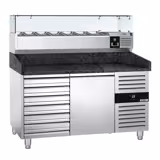Table réfrigérée à pizza PREMIUM - 1500 x 800 mm - avec 1 porte et 7 tiroirs - incl. vitrine réfrigérée - 7 x GN 1/4