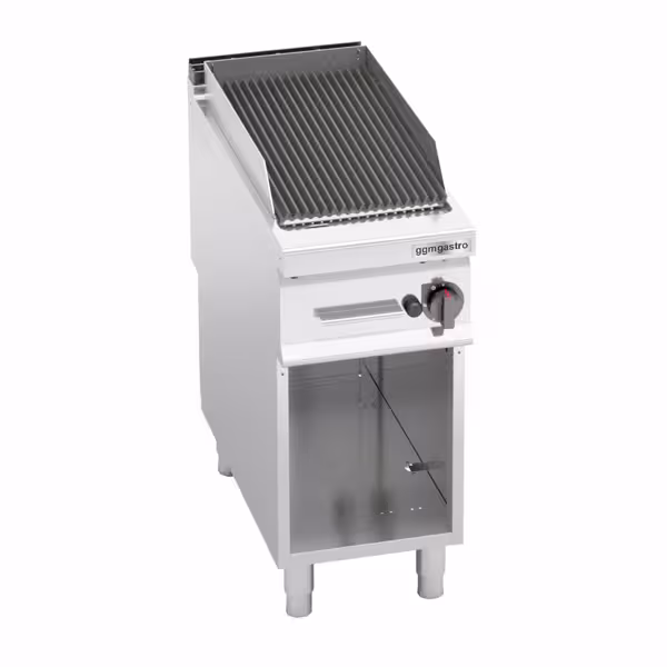 Churrasqueira a gás de pedra vulcânica - 400mm | 9kW - BBQ profissional - Com móvel - 900mm Prof. - Grelha em ferro fundido - Aço inoxidável - incl. pedras vulcânicas (1kg), bicos para GN/GPL