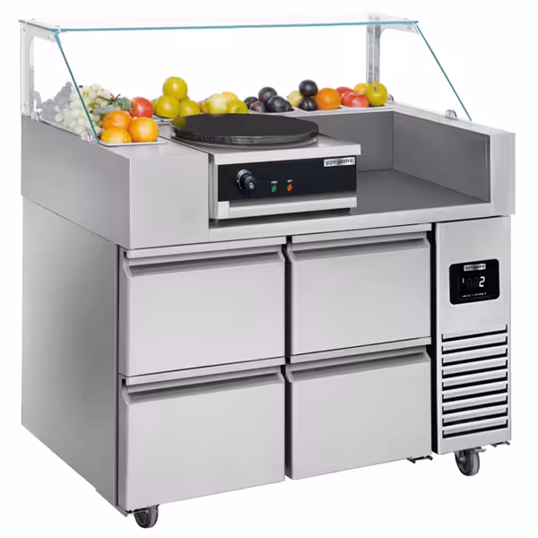 Commercial Refrigerated Prep Table PREMIUM - Glass Top - 2 Doors - 1210 mm - for 9× GN 1/6 - Crepes device 3 kW (230V) + wooden spatulas included