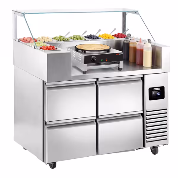 Tillberedningsbord - 1,21 x 0,7 m - med 4 lådor 1/2 - inkl. crepes enhet med 1 platta