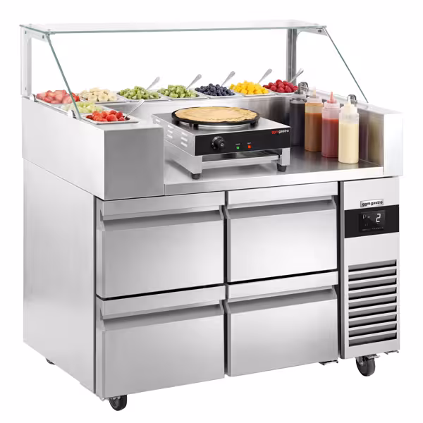 Saladette Kompakt - 1210x700 mm - glasöverdel - 4 lådor - för 9x GN 1/6 - inkl. Crêpes‑apparat