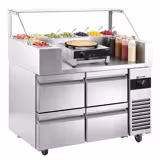 Commercial Saladette Prep Counter - 1210x700mm - 4 Drawers - topper for 9x GN 1/6 - incl. Glass sneeze guard & Crepe maker with wooden spatula