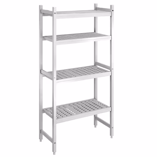 Aluminium/kunststof stelling - 771x1685mm - Diepte: 360mm - met 4 schappen (in hoogte verstelbaar) - Draagvermogen totaal: 450kg