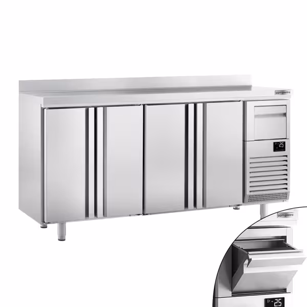 طاولة مبردة PREMIUM PLUS - 2452x600mm - 690 لتر - مع 4 باب، حاجز خلفي & صندوق تفريغ القهوة - ستانلس ستيل