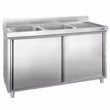 Dřezová skříňka PREMIUM - nerezová ocel - 1400x600 mm - posuvné dveře - s odkapávací plochou vpravo - s 2 dřezy vlevo