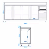 Bar- & Getränkekühltisch Premium PLUS - 2450x600mm - mit 4 Glastüren, 2 Schubladen & Aufkantung