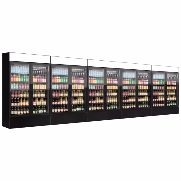 (5 pcs) Commercial Upright Glass Door Display Fridge with Illuminated Canopy - 6000mm - 6000 Litres - with 10 hinged glass doors - LED lighting - Black - Temperature range 1 to 10 °C