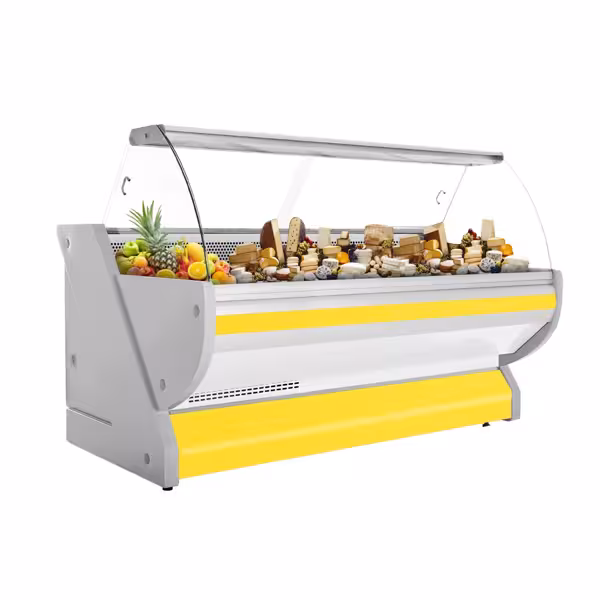 Koeltoonbank - 2515x1150mm - 500 liter - geel - gebogen ruit - granit werkblad