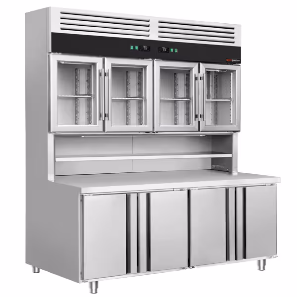 Koelwerkbank met wandkoelrek - 1800x800mm - met 4 glazen deuren - met 4 deuren - werkblad
