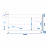 Tavolo armadiato in acciaio inox PREMIUM - 1800x600mm - con 2 porte scorrevoli + 3 cassetti a destra - con alzatina