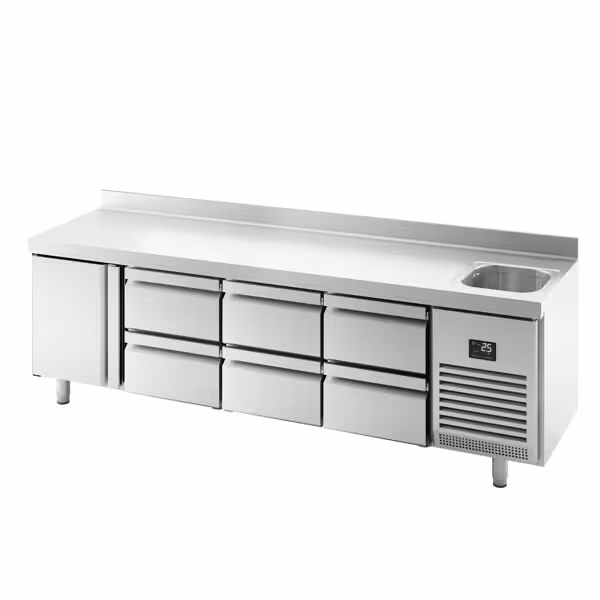 Commercial Counter Fridge PREMIUM PLUS - 2452x600mm - with sink - with 1 door - with 6 drawers (1/2) - with upstand