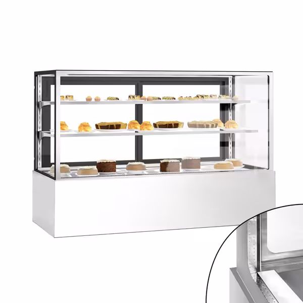 Vetrina pasticceria refrigerata - per torte - 725l - 1800mm - Doppio vetro - con 3 ripiani - porte posteriori scorrevoli; LED interni