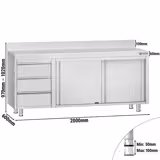 Rozsdamentes acél munkaszekrény ECO - 2000x600 mm - tolóajtós, 3 fiókos – bal oldali fiókblokk – hátsó felhajtással