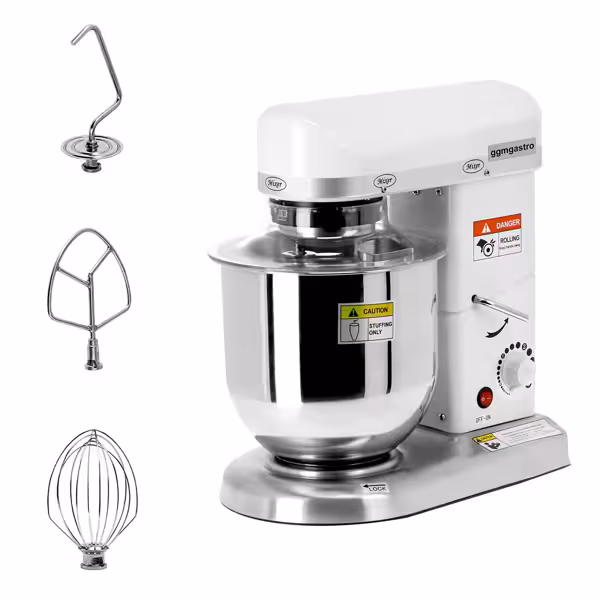 Commercial Planetary Mixer - Stainless Steel Bowl – 7 Litre – 500 W – Dough Hook, Beater, Whisk