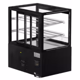 Vitrine Refrigerada Panorâmica MADRID Self-Service - 435L - 1000mm - Vidro duplo - com 2 prateleiras de vidro - portas traseiras de correr - incl. cortina noturna - para pastelaria/bolos - Preto mate