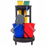 Carro de limpieza profesional - abierto - con 2 cubos 25L y prensa, 2 estantes, bolsa de lavandería 120L, soportes para escobas y fregonas - Negro