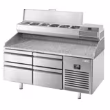 Commercial Pizza Prep Counter - Granite Top PREMIUM PLUS - 1490x700mm - with 0 doors & 4 dough drawers - incl. refrigerated topping unit - 6x GN 1/4