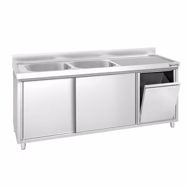 Стіл‑тумба з мийкою PREMIUM - з нержавіючої сталі AISI 304 - 2000x600 мм - з AIR-WOLF - відром для сміття - 2‑секційна зліва