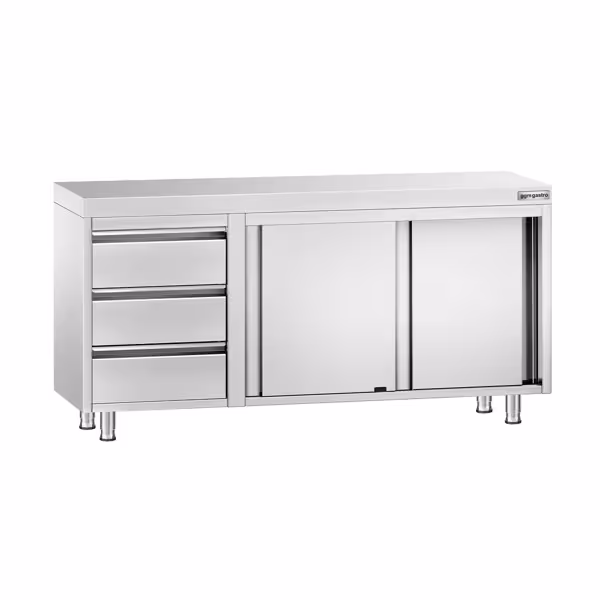 Gesloten RVS werktafel KOPENHAGEN PREMIUM - 1600x700mm - met schuifdeuren, 3 laden links