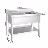 Mesa de lavagem em aço inoxidável PREMIUM - 1000x600mm - com prateleira inferior - com alçado - com 1 cuba à direita - com escorredor à esquerda