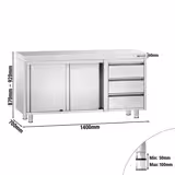 Mesa armario inox PREMIUM - 1400x700mm - con 3 cajones derecha & con estante intermedio