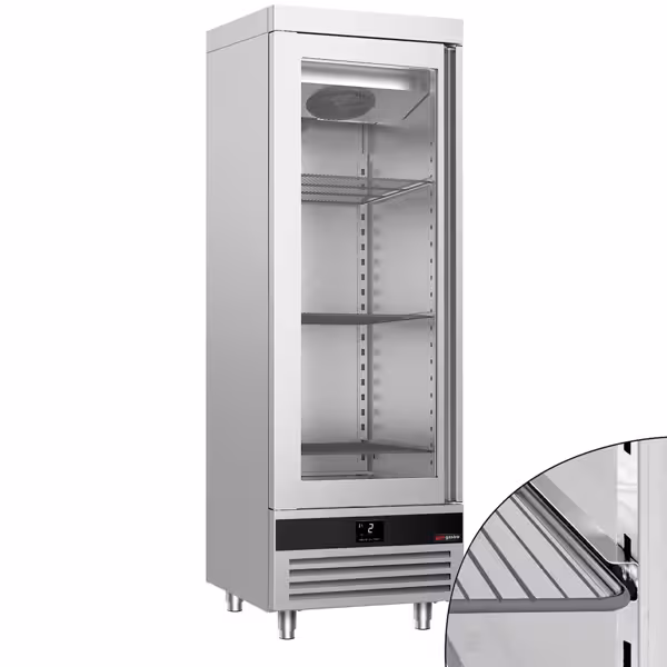 Koelkast RVS PREMIUM - 700mm - 600liter - tot +8°C - met 1 glasdeur - geforceerde koeling & LED‑verlichting